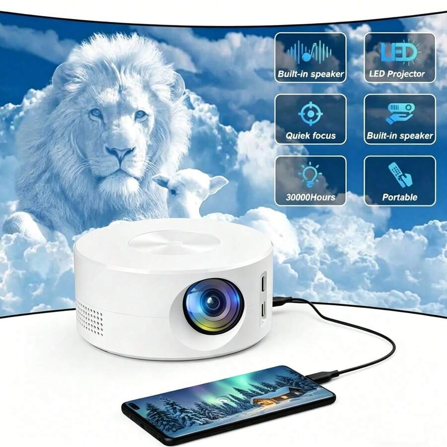 Miniproyector portátil con altavoces estéreo integrados y fuente de alimentación USB - Cine en casa que protege los ojos, espejeo de pantalla, diseño compacto, adecuado para películas, juegos y viajes tanto en interiores como en exteriores, miniproyector portátil, entretenimiento en interiores, montable, sistema de refrigeración eficiente, conectividad multimedia