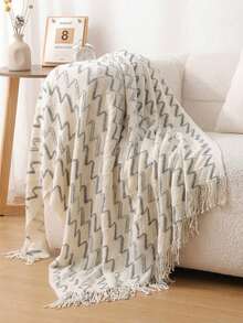 Chăn len dệt kim ấm áp có tua rua - Mềm mại, nhẹ nhàng và hoàn hảo cho ghế sofa, giường ngủ và khi đi du lịch - Phong cách trang trại màu kaki và kem - Sợi AB - Xem 1