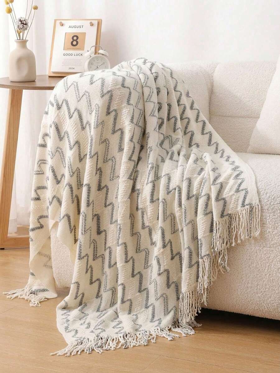 Chăn len dệt kim ấm áp có tua rua - Mềm mại, nhẹ nhàng và hoàn hảo cho ghế sofa, giường ngủ và khi đi du lịch - Phong cách trang trại màu kaki và kem - Sợi AB - Xem 1