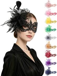 Máscara de encaje de fascinador estilo vintage de los años 20 para mujer, para carnaval, fiesta, Mardi Gras, baile de graduación (los accesorios para el cabello y las máscaras son desmontables) - Multicolor - Ver 1