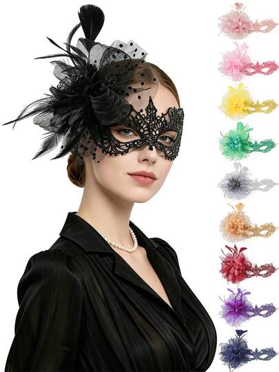 Fascinator Lace Masquerade Masks 1920s Vintage Mask For Women Carnival Party Mardi Gras Evening Prom(Hair Accessories And Masks Are Detachable)
