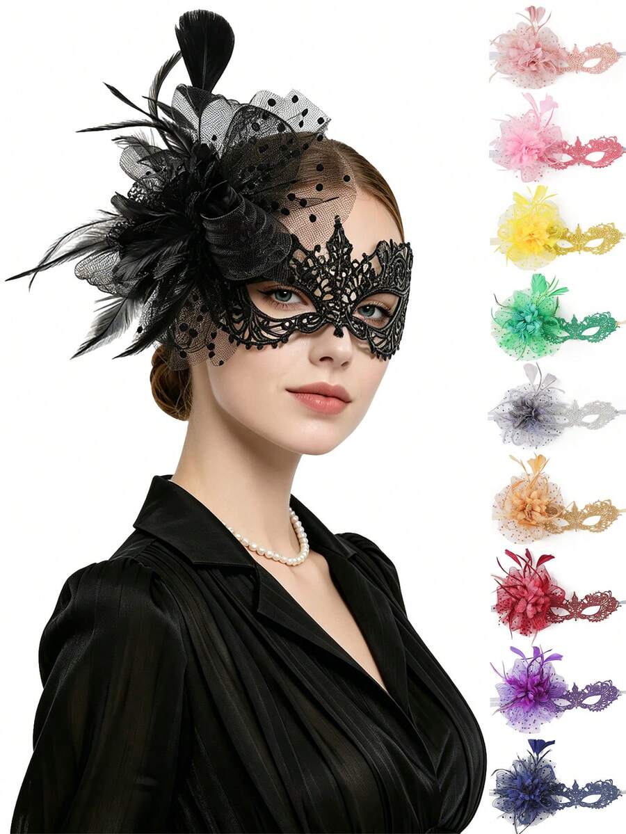 Máscara de encaje de fascinador estilo vintage de los años 20 para mujer, para carnaval, fiesta, Mardi Gras, baile de graduación (los accesorios para el cabello y las máscaras son desmontables) - Multicolor - Ver 1