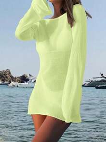 Women's Minimalist Sexy Sheer Lightweight Beach Vacation Bell Sleeve Backless Solid Color Fitted Cover-Up Mini Dress, Spring/Summer - Light Green - View 8