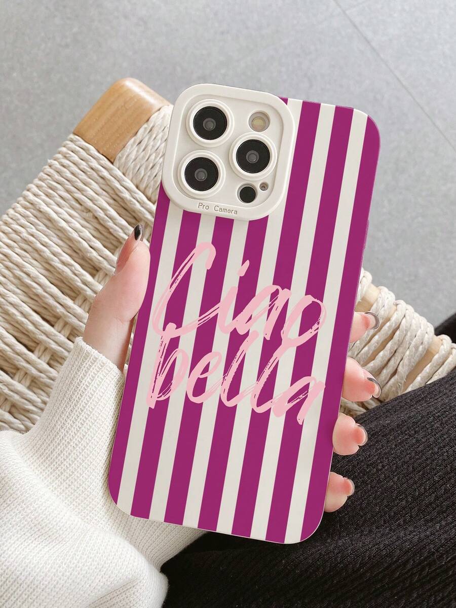 1pc Fashionable Striped Letter Pattern Phone Case Compatible With IPhone 17/17Pro/17ProMax/16/16Pro/16ProMax/15/15Pro/15ProMax/14/13/12/11 - Beige - View 1