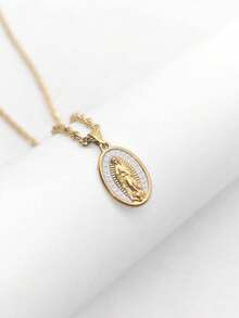 1pc Stainless Steel Vintage French 18K Plated Oval Virgin Mary Pendant Necklace, Minimalist Twist Chain Unisex Jewelry, Affordable Valentine's Day Gift - White - View 2