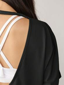 Women's Lightweight Elastic Loose Fit Criss-Cross Backless Top, Suitable For Indoor Gym Yoga Workout, Outdoor Leisure Running Cycling, Solid Color Short Sports T-Shirt, Spring/Summer - Black - View 3