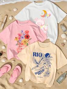 Set de 3 camisetas de mujer con transfer de oso con globos, ramo multicolor y diseño costero RIO, con luna, flores rojas amarillas moradas, ave azul, palmeras y letras grandes. - BLANCO+HUESO+PALO DE ROSA - Ver 1