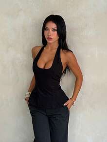 Summer Top, Women's Casual Top, Black Top, Women's Outerwear Top, Elegant Top, Suitable For Street Daily Commute Tank Top, Basic Style, Back To School Season, Autumn - Black - View 2