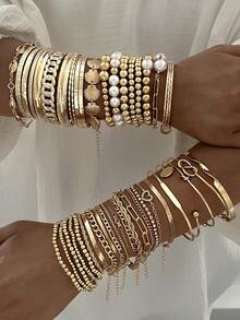 22/9/7 Pcs Fashionable Minimalist Elegant Delicate Vintage Design Geometric Strap, Shell Faux Pearl Beaded Splice Design, Lock Chain, Twist Knot, Round Bead, Braided, Cross Round Slice, Rhinestone, Shiny, Embossed Texture Snake Bone Chain, Box Chain, Metal Minimalist Plain Chain Bracelet Set, Suitable For Holiday, Party, Gift - Yellow Gold - View 3