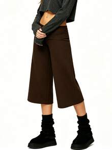 Women Yoga Capri Pants Wide Leg Cropped Pants With Fold Over Waistband For Fitness Workout Light Grey Lounge Pants For Women Elastic Waist 3/4 Length Pants Casual Culottes Trousers For Daily Wear - 深棕 - 查看 3