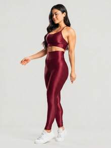 Women's Ribbed Fitness Set, Gym Top And Leggings With Glitter. - Maroon - View 3
