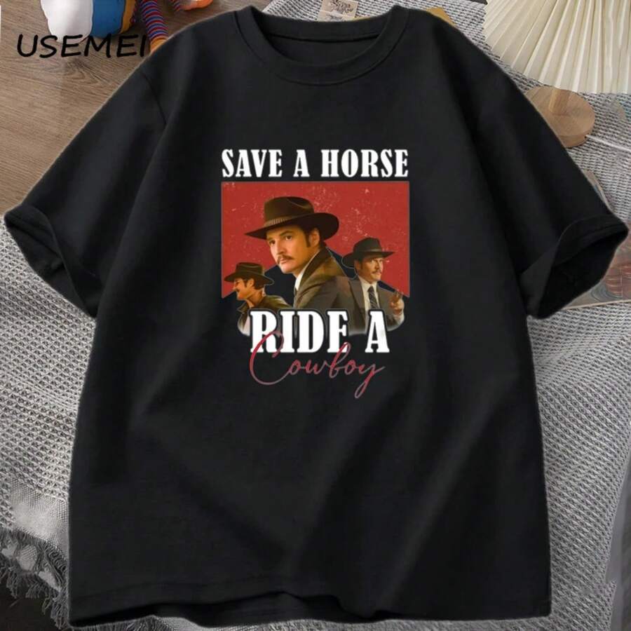 T-Shirt Cowboy Graphic Tshirt Save A Horse Ride A Cowboy Tees R Lats Of Us Mandalorian T Shirts Summer - màu đen - Xem 1