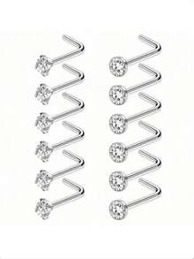 12 piezas Conjunto de pendientes de nariz de acero inoxidable, Conjunto de joyas de perforación de nariz con circonita cúbica brillante, Regalo de fiesta, Regalo del Día de la Madre - Plateado - Ver 5