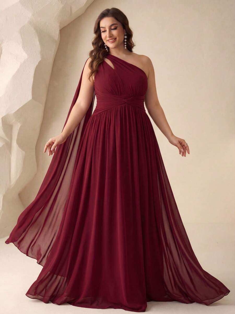 Plus Size Asymmetrical Neck Chiffon Dress With Flowing Sleeves, Bridesmaid Dress Wedding Party Fall - Burgundy - View 1