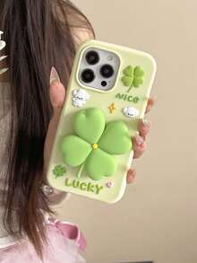 Casing Holder Ponsel Motif Daun Semanggi Empat, Cocok Untuk iPhone 15 Pro Max/14 Pro Max/13 Pro Max/16 Pro Max, Tahan Guncangan, Kreatif, Minimalis, Elegan - Hijau - View 2