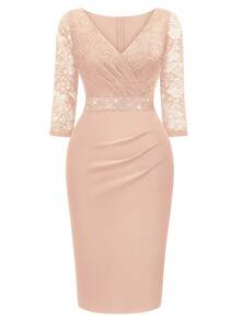 MIUSOL Elegant Women's Sequin Lace Bodycon Cocktail Dress, 3/4 Sleeve V Neck High Waist Midi Pencil Dress With Ruched Wrap Hem For Wedding, Evening Party - Champagne - View 9
