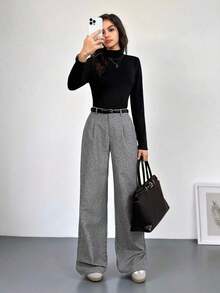 Tall Pantalones plegados elegantes con bolsillos para maestras, pantalones grises de otoño/invierno de talle alto, pantalones anchos, pantalones sueltos, pantalones holgados, pantalones grises para negocios y profesionales, pantalones anchos para mujer, ropa de mujer para otoño e invierno, ropa de salida para mujer - Gris - Ver 5