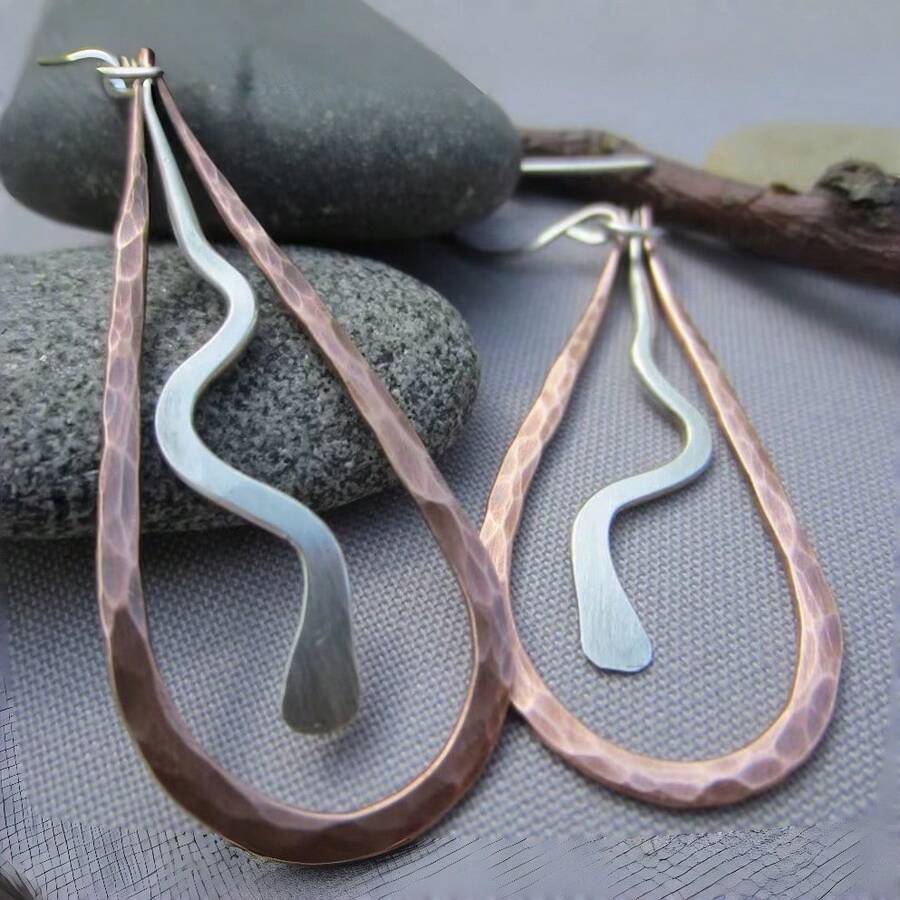 Teardrop Shaped Earrings, Dual-Tone Metal With Handcrafted Hammered Texture, Unique Artistic Vibe - Silver - View 1