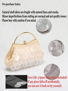 1pc Beige Natural Seashell Bead Slice Decor Tassel Clutch Bag, Handmade Boho Mermaid Shell Slice Lattice Fishnet Tote Bag, Suitable For Daily, Wedding, Party And Travel/Vacation Occasions (Normal Cracks And Defects On Seashell Slices Are Acceptable) - Beige - View 2