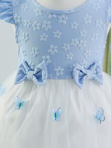 Vestido de verano para niña bebé, ropa infantil para niña pequeña, vestido de princesa de verano con mangas volantes y malla de mariposa - Celeste - Ver 3