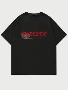 Xiang Panming Porträtdruckmuster Herren-Kurzarm-T-Shirt mit japanischen Schriftzeichen, Anime-Cartoon-, Unisex-Paar-Outfit, modisches Freizeithemd, 2024 Sommer Neuer Stil Basisschicht, Party-Streetwear-Marken-Kurzarm-T-Shirt - Schwarz - Übersicht 6