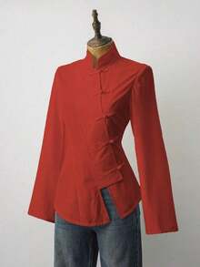 Blazer para mujer con diseño de inspiración oriental, corte ajustado, detalles de botones de nudo tradicionales y tejido suave, color negro y estilo chic retro, perfecto para looks semi-formales, eventos culturales, reuniones informales y combinaciones elegantes con ropa de calle - Rojo - Ver 3