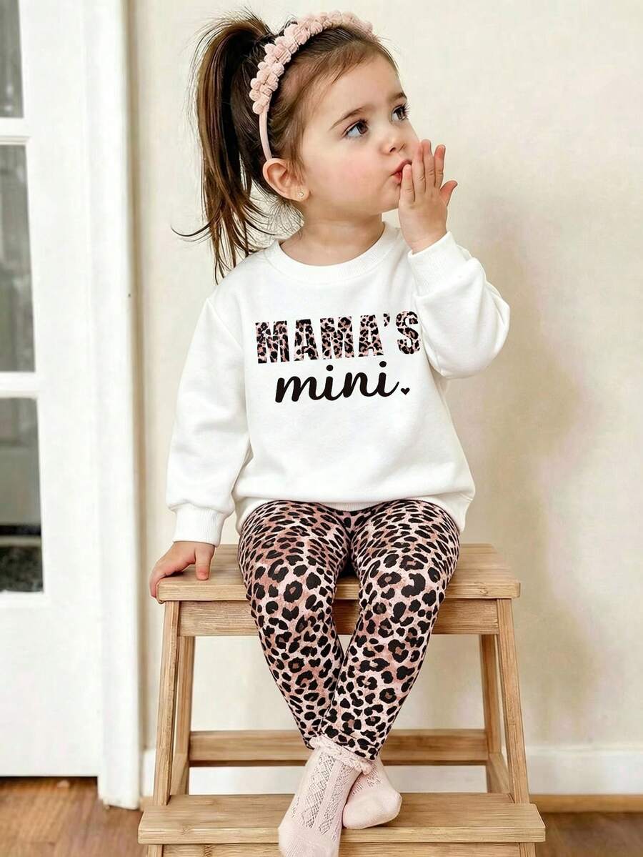 Baby Girl Letter Print Warm Round Neck Long Sleeve Top And Leggings Set - White - View 1