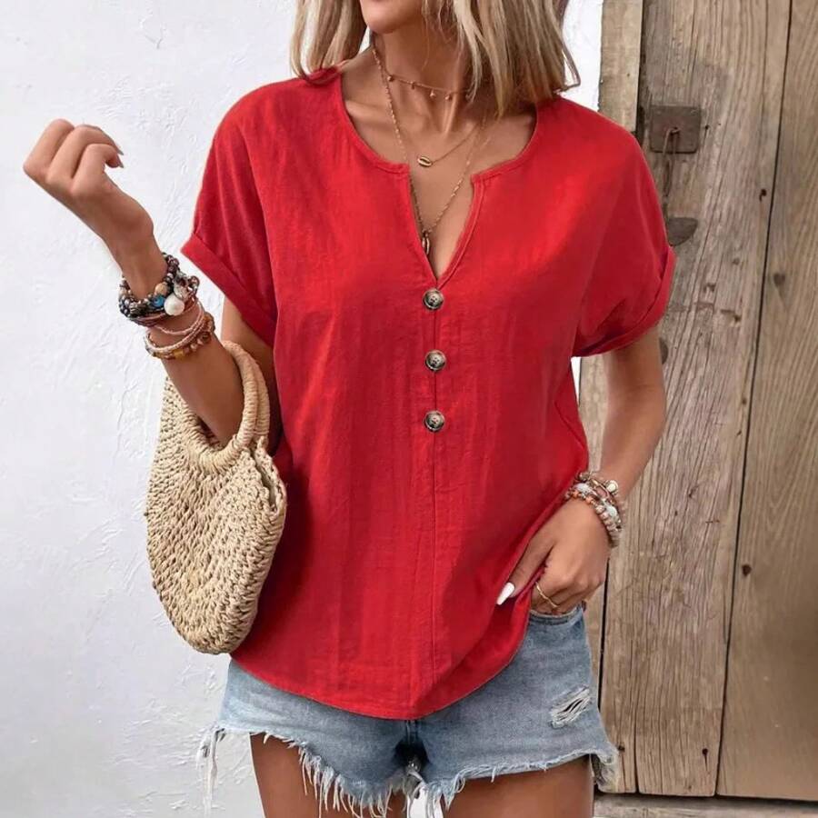 Nuevo 2025 camisas de mujer con cuello en V y botones, blusas holgadas de manga corta, camiseta informal de verano de Color sólido, camisetas de uso diario para mujer - HY6516 Rojo - Ver 1