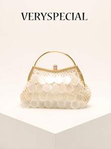 1 pieza Clip para bolso decorado con rebanada de concha natural beige con diamante incrustado, bolso de mano de lujo hecho a mano con rebanada de concha de sirena, diseño de malla de rombos, adecuado para uso diario, boda, fiesta y vacaciones (las grietas y defectos normales en las rebanadas de concha son aceptables) - Beis - Ver 1