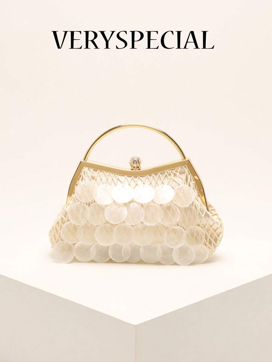 1 pieza Clip para bolso decorado con rebanada de concha natural beige con diamante incrustado, bolso de mano de lujo hecho a mano con rebanada de concha de sirena, diseño de malla de rombos, adecuado para uso diario, boda, fiesta y vacaciones (las grietas y defectos normales en las rebanadas de concha son aceptables) - Beis - Ver 1