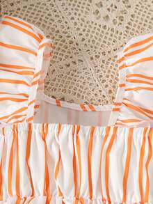 Conjunto de 3 vestidos para niña con cuello cuadrado y volantes acanalados, estampado floral + estampado a rayas + color liso, multicolor, para uso diario, escuela, vacaciones y fiesta, outfit de vuelta al cole - Multicolor - Ver 10