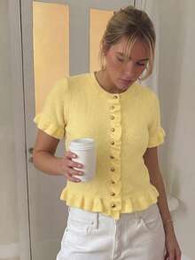女款春夏寬鬆復古時尚短袖針織開襟衫，帶荷葉邊設計與金屬鈕扣，優雅柔軟毛衣 - 黃色 - 查看 7