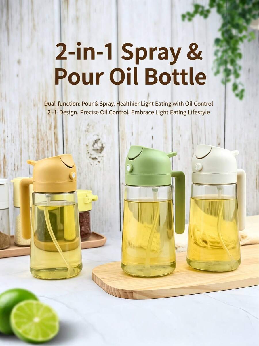 2-In-1 Glass Oil Sprayer Bottle With Handle, Leak-Proof Drip-Free Seasoning Dispenser, Reusable Olive Oil Sprayer For Air Fryer, Salad, BBQ, Baking, Suitable For Cooking Oil, Vinegar, Soy Sauce, Practical Kitchen Storage