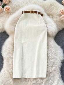 Falda de pana con bolsillos y abertura con cinturón para mujer en color caqui - Blanco - Ver 5