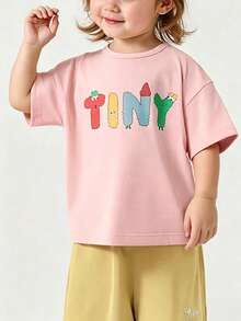 Top de manga corta sencillo, informal y bonito con estampado para niños, ideal para el verano. - Rosa - Ver 6