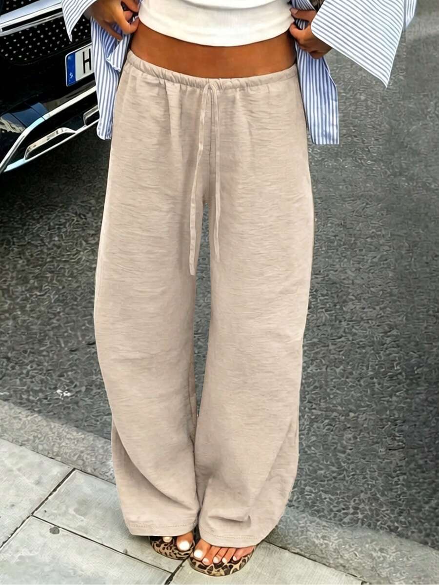 Spring/Summer Women's Loose Drawstring Waist Wide Leg Pants, Lightweight Breathable Casual Long Pants, Apricot, Vacation Wear - Apricot - View 1