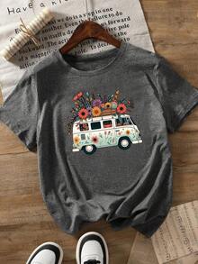 T-shirt ample à manches courtes pour femmes grande taille, col rond, motif mignon d'un camping-car avec fleurs, style décontracté, idéal pour le printemps, l'été et l'automne. Tenue de vacances - Gris foncé - Voir 2