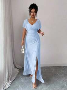 sfvsElenzga Vestido morado claro con cuello en V, mangas con volantes, cintura plisada y abertura, vestido elegante de dama de honor, vestido de fiesta, primavera/veranovfdw 42OE - Azul - Ver 3