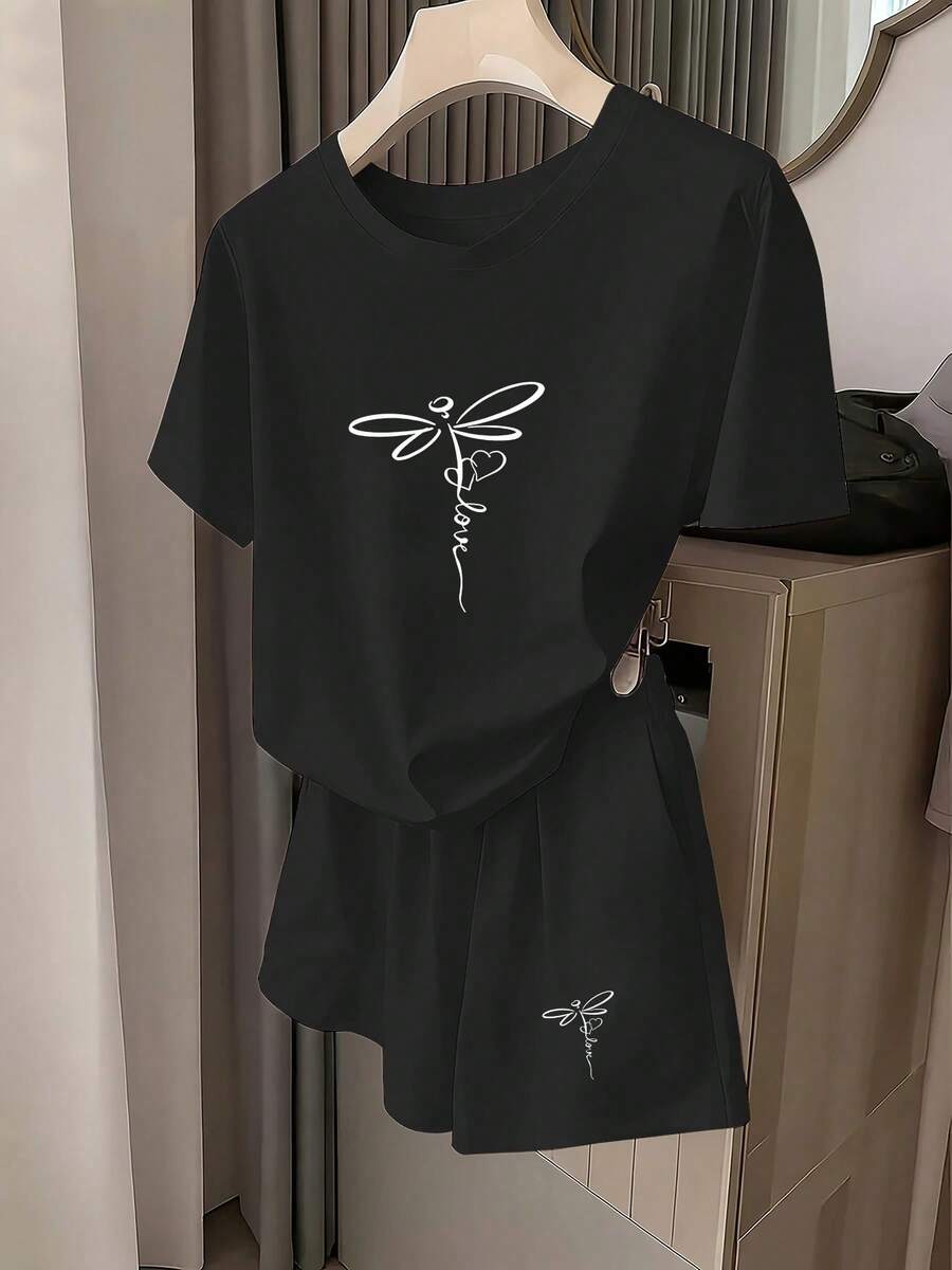 Trajes Casuales para Mujer, Imprescindibles para la Moda de , Conjunto con Estampado de Libélulas de Estilo Artístico Veraniego, Atuendo Casual que Estiliza y Favorece la Figura, Ropa de Mujer - Negro - Ver 1