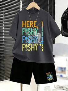 New Summer Boys Funny Fishing Print Short Sleeve T-Shirt + Shorts 2pcs Set, Casual Loose Outfit - Multicolor - View 1