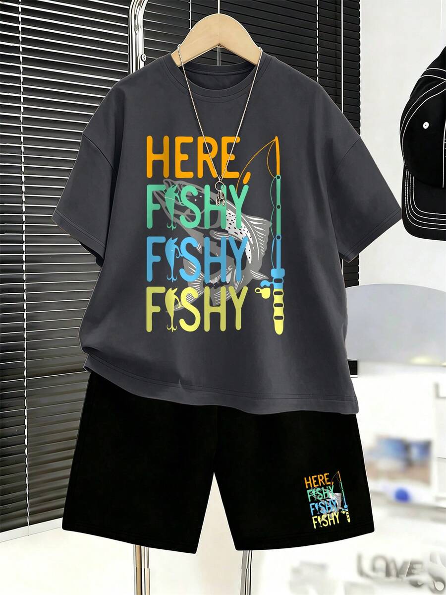 New Summer Boys Funny Fishing Print Short Sleeve T-Shirt + Shorts 2pcs Set, Casual Loose Outfit - Multicolor - View 1