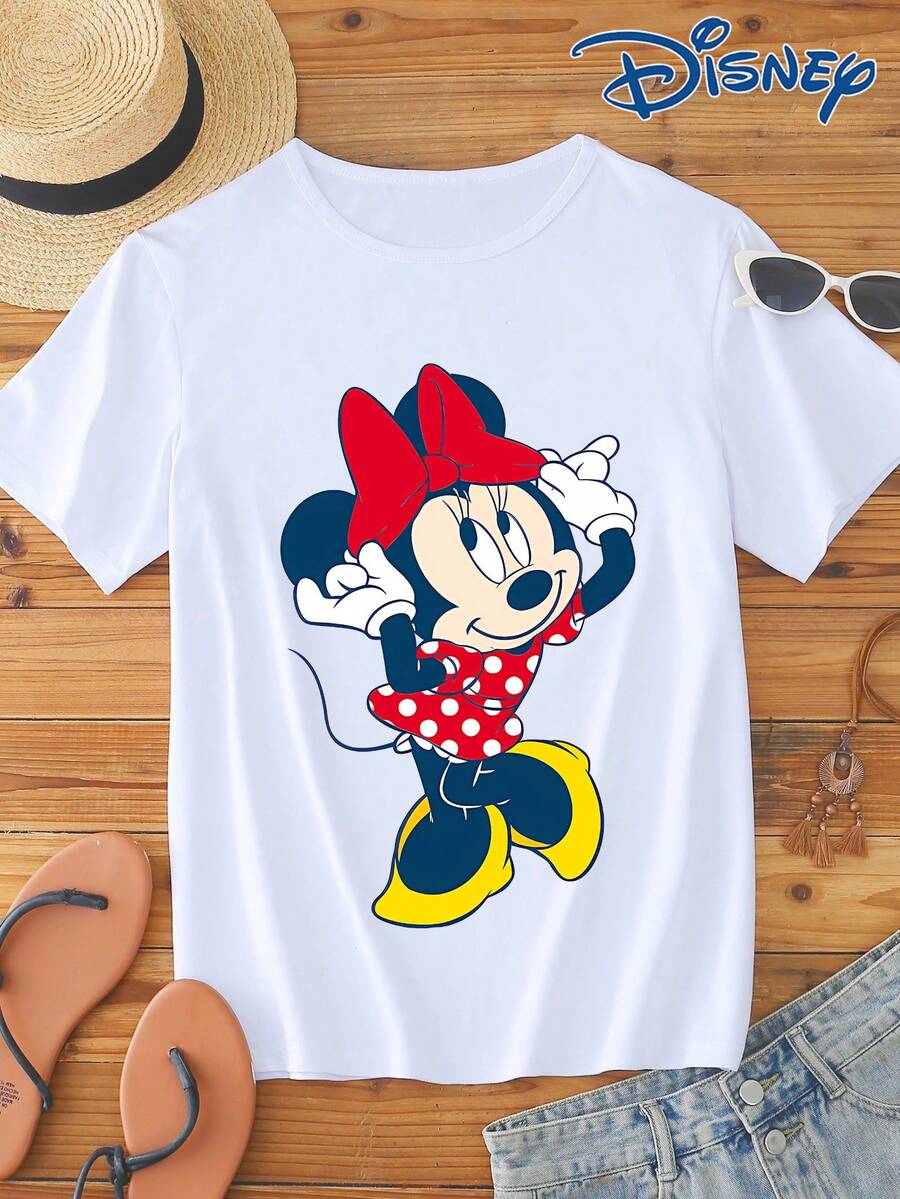 Disney 1件女士短袖T恤，迪士尼米妮图案印花，圆领，弹力面料，易于打理，适合日常穿着，时尚女士短袖T恤，休闲服饰 - 白色 - 查看 1