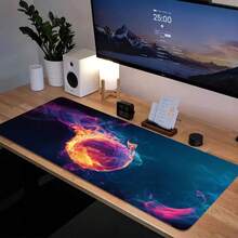 1 pieza Alfombrilla de ratón con estampado 2D "Agua & Fuego" de baloncesto | Tapete para teclado de computadora | Alfombrilla de ratón extra grande antideslizante | Accesorio para juegos | Tapete de escritorio de oficina estético | Decoración de escritorio grande | Base de goma con bordes cosidos - E - Ver 11