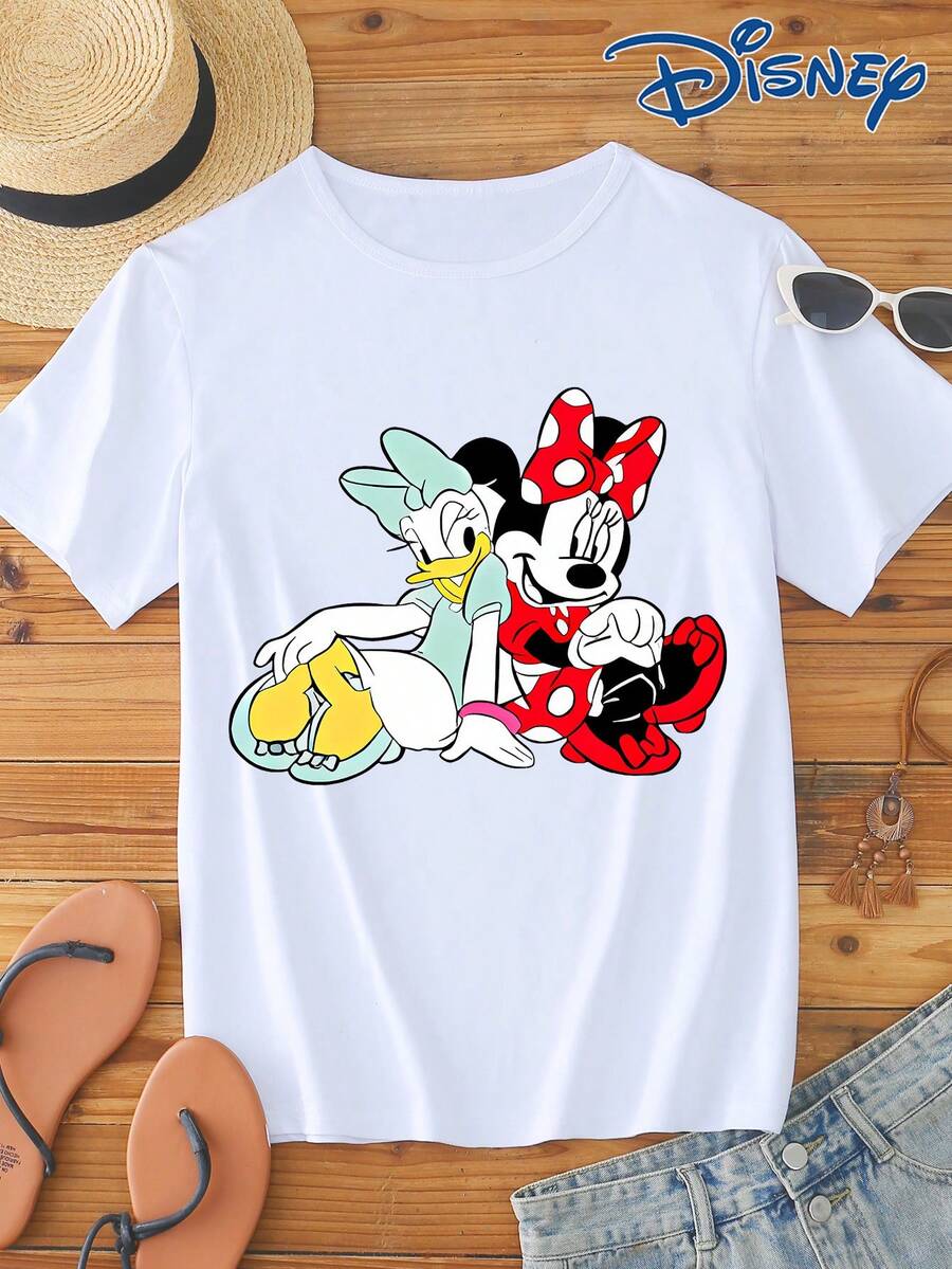 Disney 一件女士短袖T恤，迪士尼米妮和黛丝鸭图案印花，圆领，略带弹性，易打理面料，适合日常穿着，时尚女士短袖T恤，休闲服饰 - 白色 - 查看 1