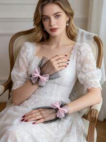 1 Pair Black Fashionable Versatile Y2K Bow Lace False Cuffs, Suitable For Daily Wear Or Weddings, Punk Style,Gloves,Party - Pink - View 3