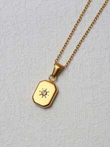 1 pieza Collar colgante cuadrado con circonita cúbica blanca brillante de acero inoxidable dorado, regalo de joyería elegante para mujeres, para uso diario - Dorado - Ver 3