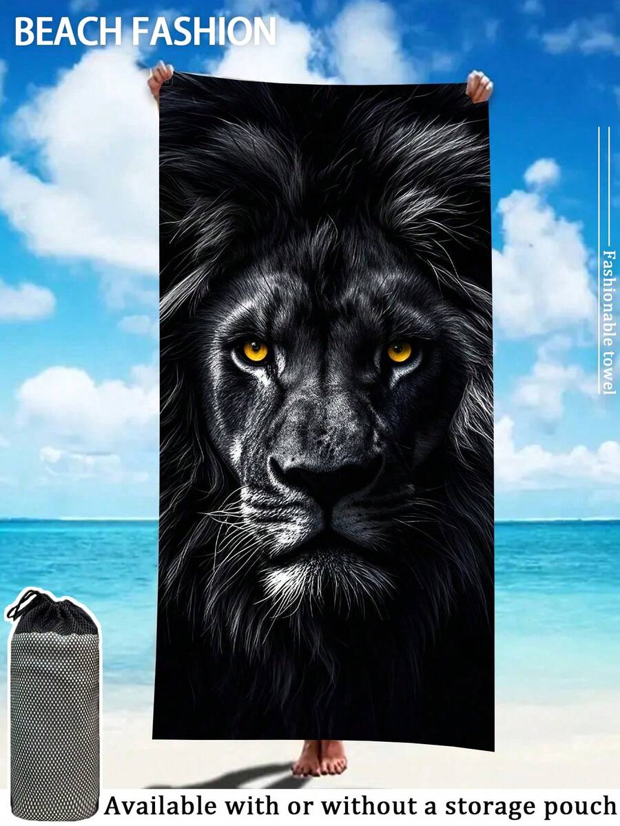 250gsm Super Soft Microfiber Beach Towel - Extra Large Size Quick Dry Super Absorbent Towel Blanket (Lightweight), Ideal For Yoga, Travel, Camping | Lion Pattern | 70x140cm / 90x180cm - Black - View 1