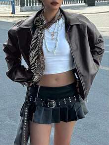 Chaqueta informal, suelta y de manga larga para mujer, estilo motorista edgy, para otoño/invierno - Gris - Ver 5