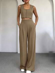 Conjunto de 2 piezas de top corto de cuello cuadrado sin mangas color caqui y pantalones anchos de cintura alta, estilo vintage simple y elegante para el verano - Caqui - Ver 4