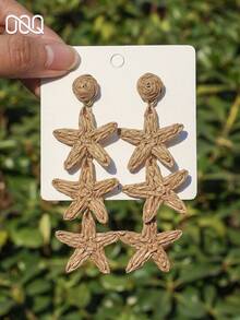 OOQ 1 Pair Summer Minimalist Mixed Color Star Pendant Tassel Earrings, Handmade Raffia Grass Earrings, Suitable For Daily, Holiday, Travel, Commute Wear (Handmade Raffia Grass Weaving, Random Direction And Shape) - Brown - View 3